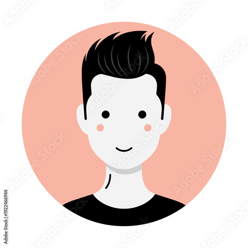 Stylized Flat Design Avatar of a Young Man with Black Hair and Pink Cheeks against a Peach Circle
