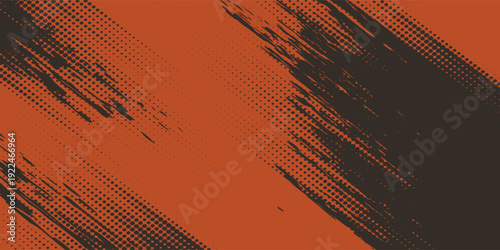 Orange and black grunge urban background with dry rough texture and halftones pattern. Hand drawn punk vector retro banner
