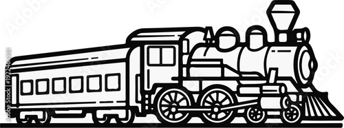 Stylized black and white illustration of a steam locomotive with passenger cars