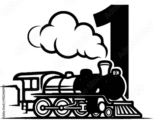 Stylized black and white illustration of a steam train billowing smoke beside the number one