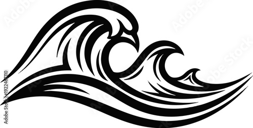 Stylized black and white graphic of crashing waves in motion
