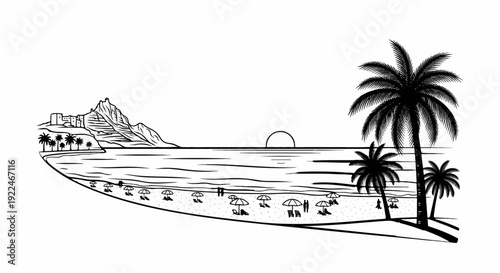 Stylized black and white illustration of a tropical beach scene with palm trees and distant buildings