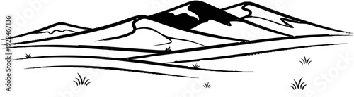 Stylized black and white mountain landscape with rolling hills and sparse grass