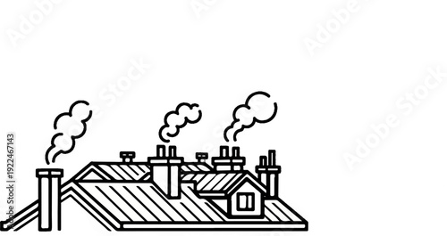 Simple line art of rooftops with chimneys emitting smoke