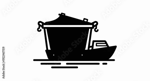 Stylized black icon of a fishing boat with a large net