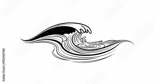 Stylized black ink drawing of a cresting ocean wave