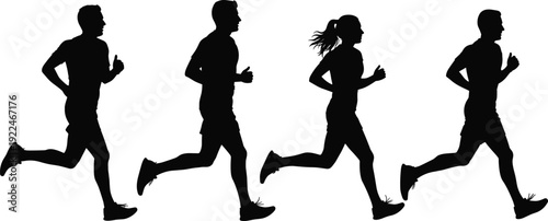 Silhouettes of three men and one woman running together for fitness health and wellness isolated on white background for sports