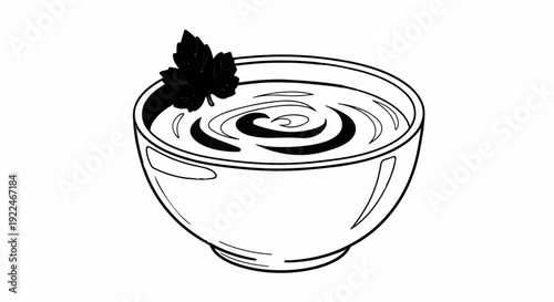 Simple line drawing of a bowl with swirling liquid and a dark leaf garnish