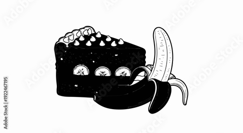 Slice of dark cake with creamy topping next to a partially peeled banana