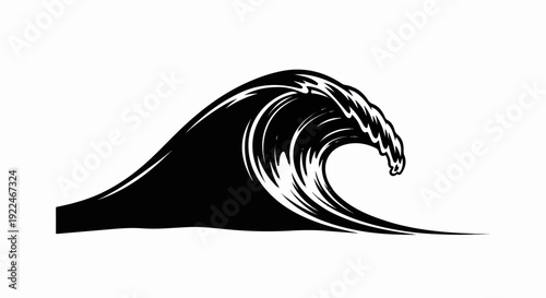 Stylized black ink wave cresting with white highlights on a white background