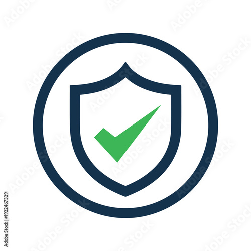 Security shield icon with green checkmark inside a dark blue circle