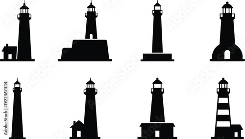 Lighthouse silhouette collection with classic coastal beacon towers isolated on white background, maritime navigation symbols for nautical, seaside and ocean design