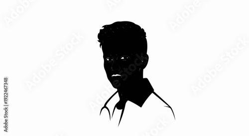 Stylized black and white illustration of a young man wearing a collared shirt
