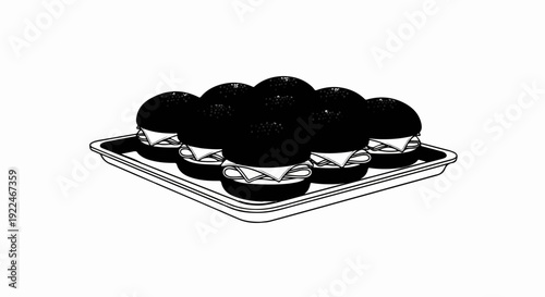 Small dark buns with cheese and meat on a tray