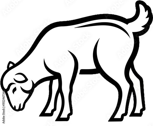 Stylized black line art of a white sheep with head down, grazing