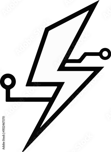 Stylized black lightning bolt with circuit connections on white background