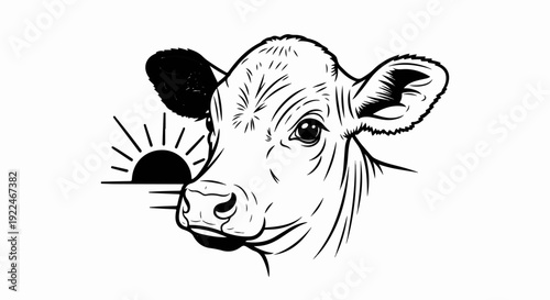 Stylized black and white illustration of a young cow's head with sunrise