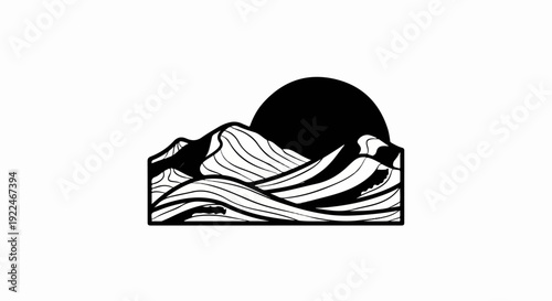Stylized black and white mountain range with a setting sun behind peaks