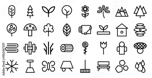 Nature and gardening monoline icons for eco-friendly branding. Minimalist geometric pictograms featuring forest elements, botanical growth, and outdoor landscaping symbols.