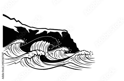 Stylized black and white illustration of crashing waves against a rocky shore