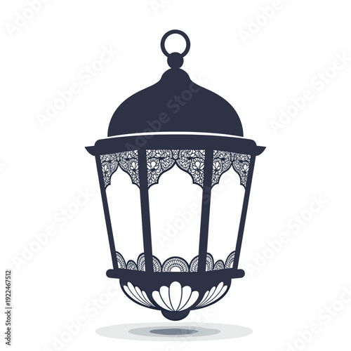 Dark Blue Silhouette Of An Ornate Lantern With Intricate Patterns And White Background