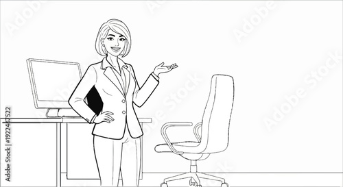 Smiling businesswoman in a suit gestures next to an office desk and chair