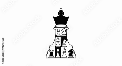 Stylized black and white chess king with pieces inside