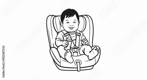 Smiling baby in a car seat with a bottle, black and white outline