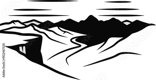 Stylized black and white mountainous terrain with a winding path and layered clouds