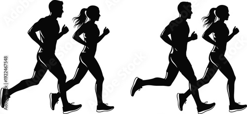 Silhouettes of two athletic couples jogging together for fitness health and wellness isolated on white background for sports lifestyle concepts