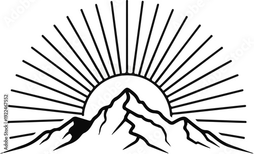 Stylized black and white mountain range with sunburst rays emerging from behind