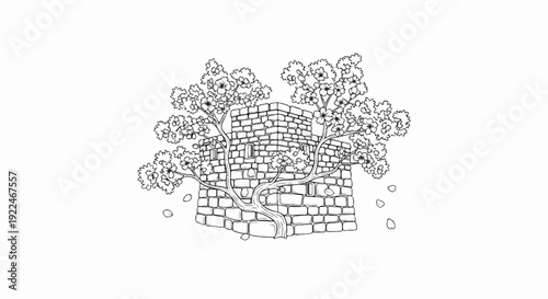 Stone structure with trees in bloom and scattered petals on a white background