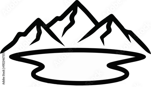 Stylized black mountain peaks reflected in a winding body of water