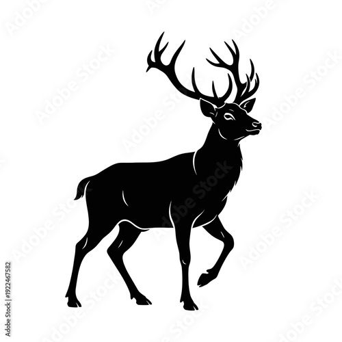 Elegant Stag Silhouette Walking with Antlers Majestic Forest Animal Black and White Isolated