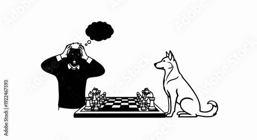 Stressed man playing chess with a calm dog