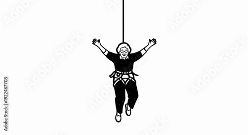 Smiling woman in harness suspended from rope, arms outstretched, mid-air