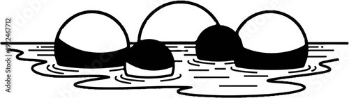 Stylized black and white illustration of smooth stones resting in water