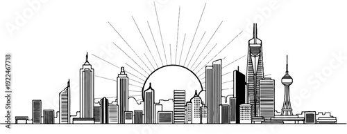 Stylized black and white cityscape with sunburst and varied skyscrapers