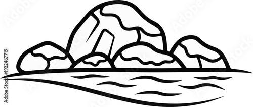 Stylized black and white illustration of rocky outcrops emerging from wavy water