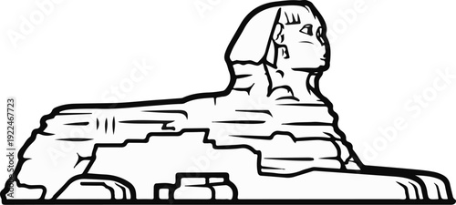 Stylized black and white outline drawing of a Sphinx monument
