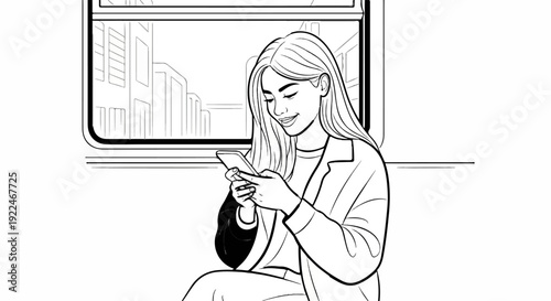 Smiling woman using smartphone on a train with cityscape outside the window