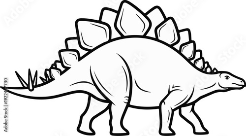 Stylized black and white outline drawing of a Stegosaurus dinosaur