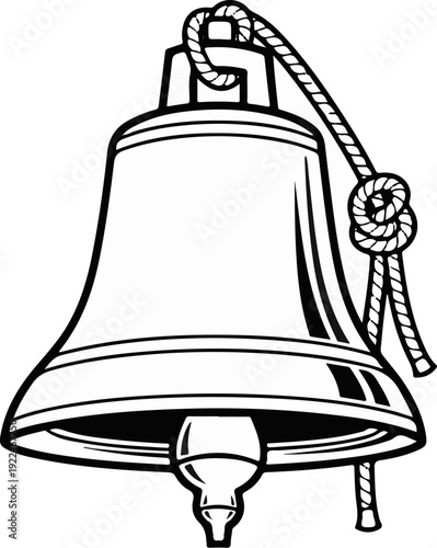 Stylized black and white illustration of a bell with a thick rope and knot