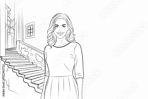 Smiling woman stands in front of an old stairway in an old town