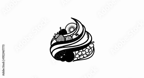 Stylized black and white illustration of soft serve ice cream with fruits
