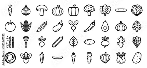 Fresh organic vegetable icons for healthy eating and culinary branding. Minimalist monoline pictograms featuring garden produce, root vegetables, and leafy greens.