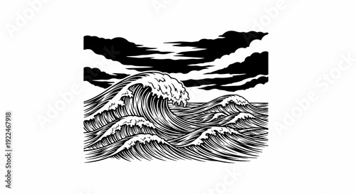Stylized black and white illustration of turbulent ocean waves under a dramatic cloudy sky