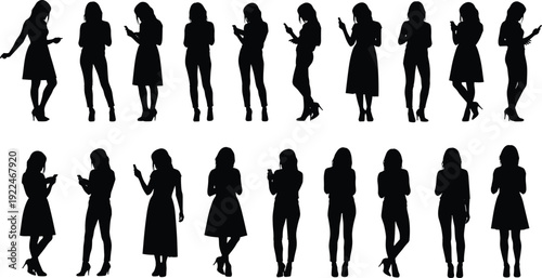 Women silhouette set with female figures using smartphones in various standing poses isolated on white background, modern communication and lifestyle concept illustration