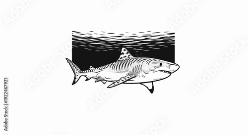 Striking illustration of a striped shark swimming in dark ocean waters