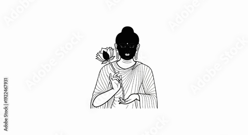 Stylized black and white depiction of Buddha holding a lotus flower